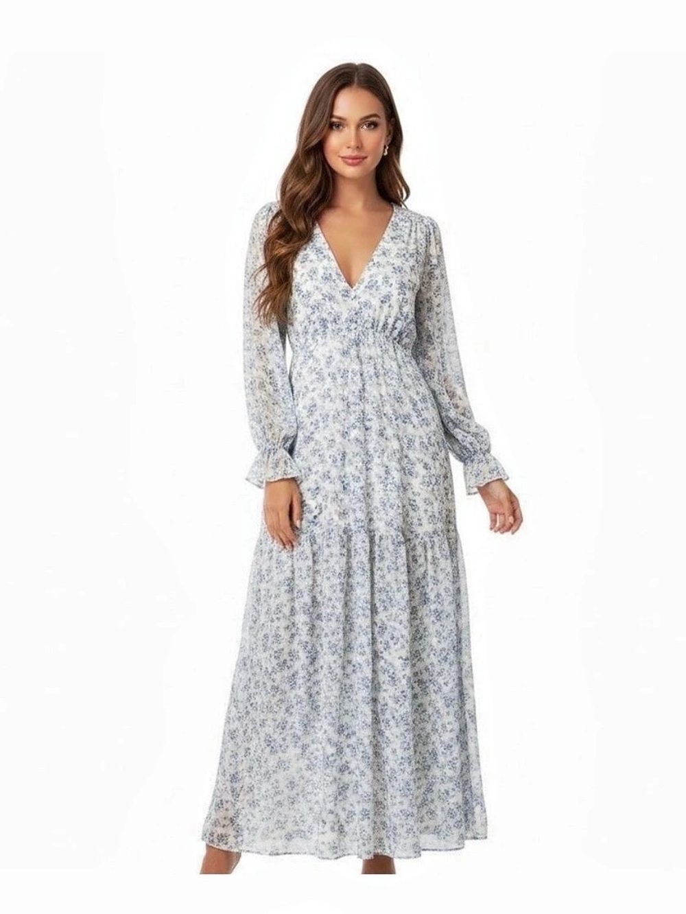 Aakaa Floral Maxi Dress in Blue & White Size Medium Like New